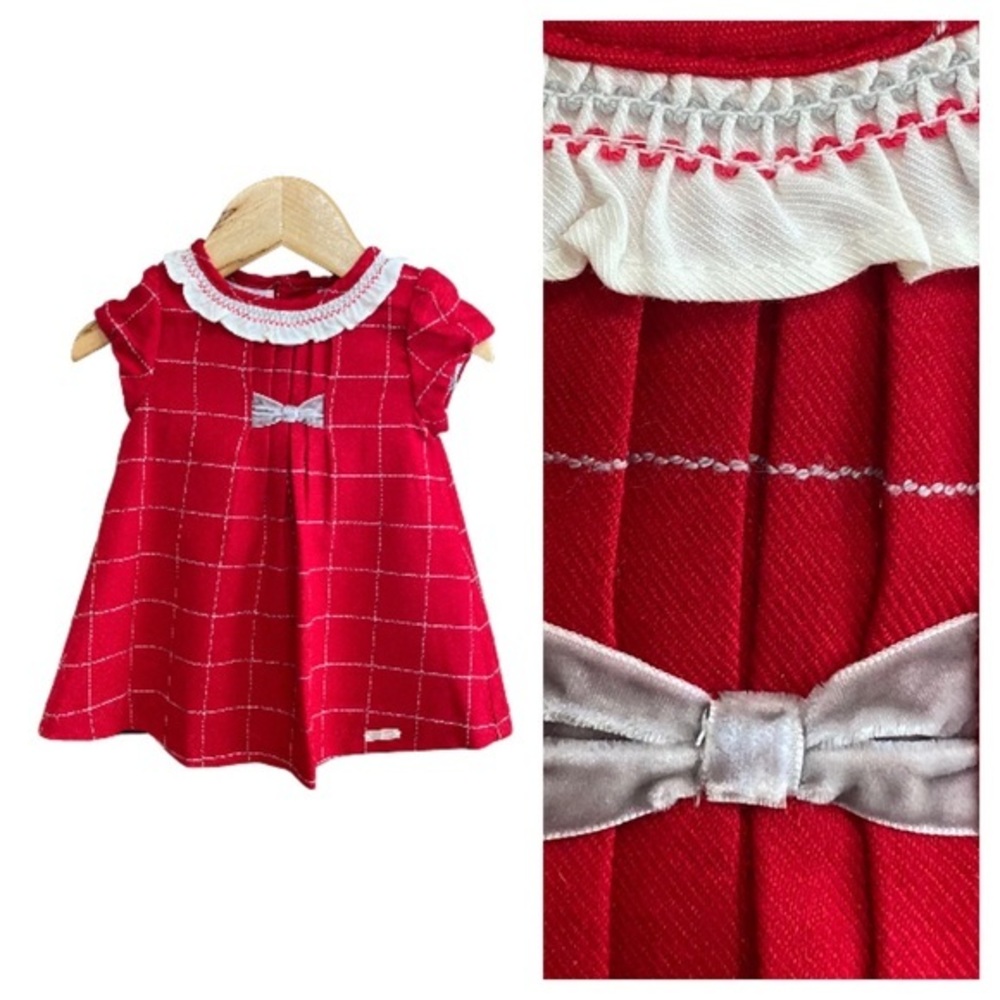 Mayoral Red White Plaid Ruffle Collar Short Sleeve Holiday Christmas Dress